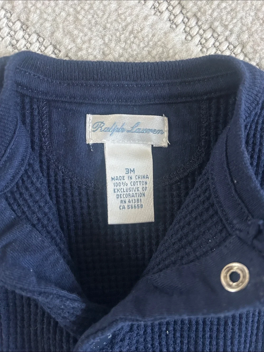 Ralph Lauren Navy Waffle-Knit Baby One-Piece with White Stripes